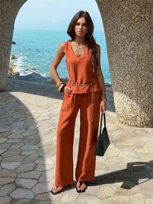 PoPoHouse Women's Elegant Two Pieces Set Linen Sleeveless V-Neck Top & Loose Wide-Leg Pants For Casual Commute Summer Beach Vacation Outfit - Burgundy - View 10