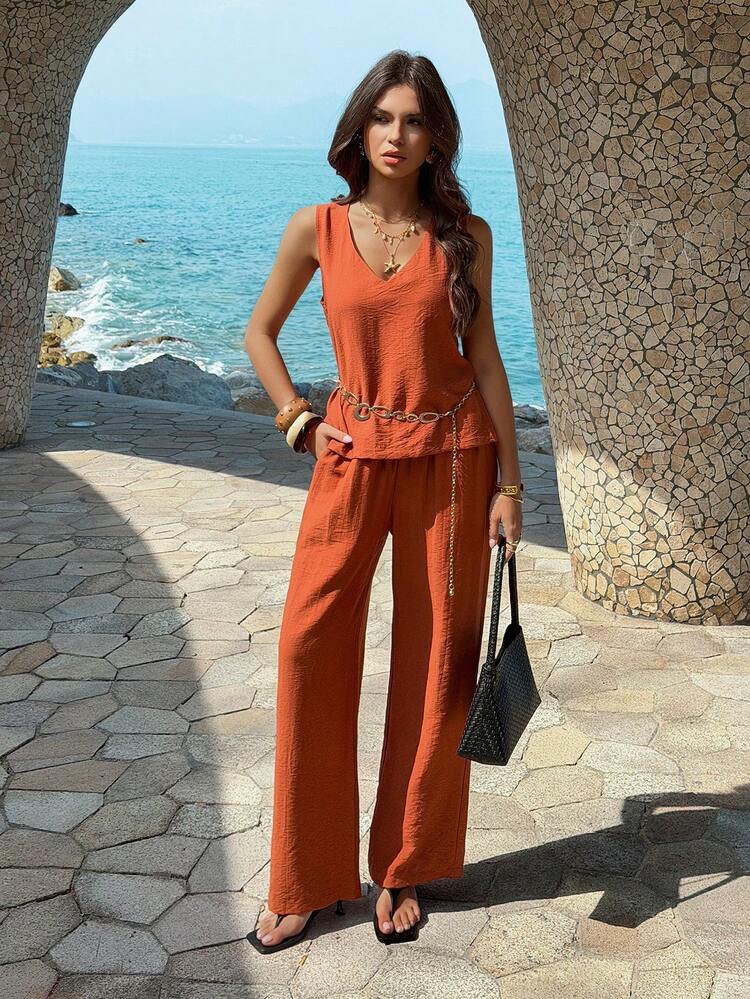 Conjunto de dos piezas elegante de mujer PoPoHouse de lino sin mangas con cuello en V y pantalones anchos de pierna ancha para uso casual, viajes de verano y vacaciones en la playa - Burdeos - Añade 10