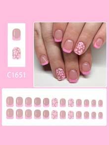 24pcs European Square Short False Nails, Pink Floral Glitter Sweet Square Wearable Press-On Nails, Suitable For Party, Ball And Daily Wear - Pink - View 2