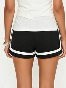 Women's Sleeping Shorts Fashionable Casual Contrast Color Drawstring Pajamas Shorts - Black - View 6