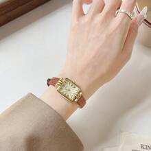 CILOA 1 pieza Reloj cuadrado pequeño dorado para mujer, estilo vintage francés, correa de textura de lichi marrón, esfera cuadrada, accesorio elegante diario para mujer - Marrón Mocha - Ver 3
