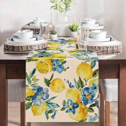 1PC Lemon Blue Flower Table Runner, Spring Summer Floral Kitchen Decor, Seasonal Home Dining Table Kitchen Decoration Party 33.02 X 182.88 Cm