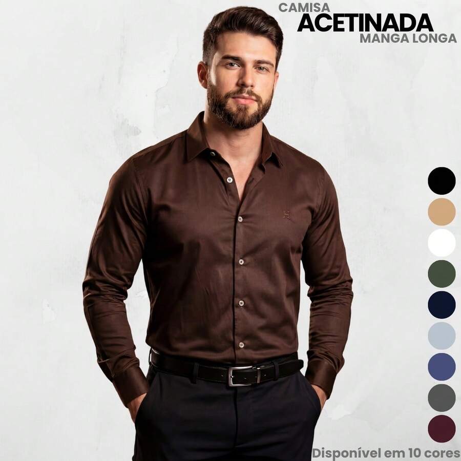 Men's Satin Shirt, Premium Fabric, Simple, Regular Fit, Button-Down - Óxido marrón - Ver 1