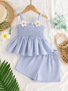Conjunto de verão feminino com duas peças: conjunto sem mangas com estampa floral e listras em estilo retrô, ideal para atividades ao ar livre. - Azul - Ver 2