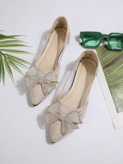 Breathable Mesh Slip-On Shoes For Teenage Girls, New Arrival Rhinestone Decor Bowknot Pointed Toe Loafers, Casual Summer Shoes