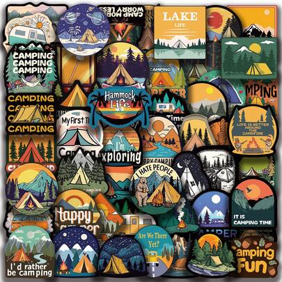 50pcs Camping 2 Stickers, Creative Graffiti Stickers, Office Supplies, Mobile Phone & Computer Stickers, High-Value, Waterproof, , Cool Stickers, Fun, Classic Gift Decorations, Value Pack, Cute Cartoon Stickers