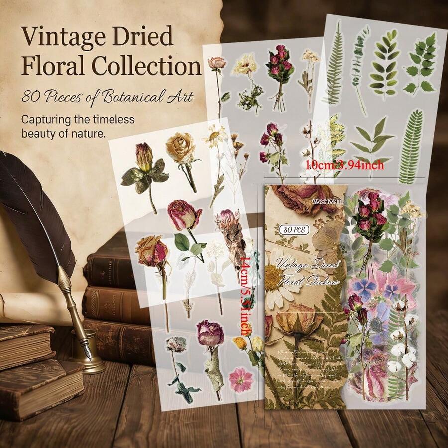 80 piezas/12 hojas Pegatinas de flores Flores prensadas y secas transparentes PET para scrapbooking, pegatinas de flores naturales para scrapbooking, planificador, diario desordenado, diario de balas - 80 piezas/12 hojas - Ver 1