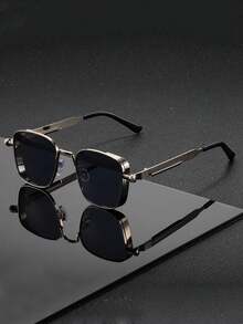 1 Pair Of Men's Black And Gold Spring Temple Square Sunglasses, Made Of Metal, With UV400 Protection, Steampunk Industrial Style, Suitable For Street Wear - Multicolor - View 6