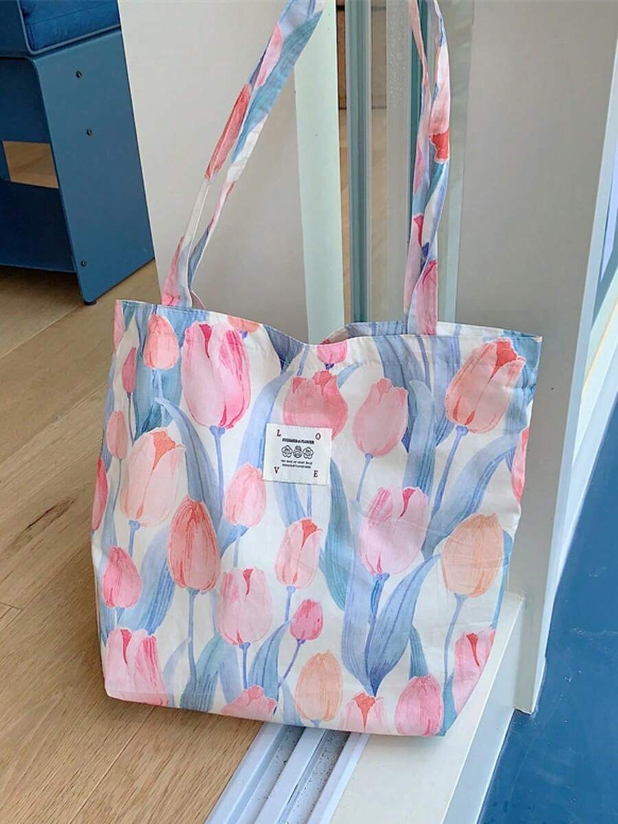 Túi tote vải canvas họa tiết hoa hồng mùa hè, dung tích lớn, thích hợp đi biển, mua sắm, đeo vai. - Nhiều màu - Xem 1