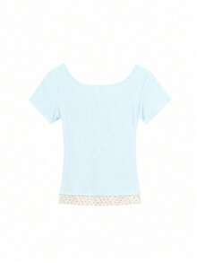 女士纯色纽扣半开襟短袖休闲T恤，夏季 - 藍色 - 查看 4