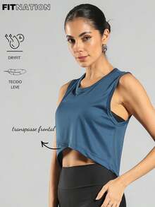 FITNATION Cropped Fitness Tank Top With Front Crossover And DRYFIT Fabric, Ideal For All Sports. - 水鴨藍 - 查看 2