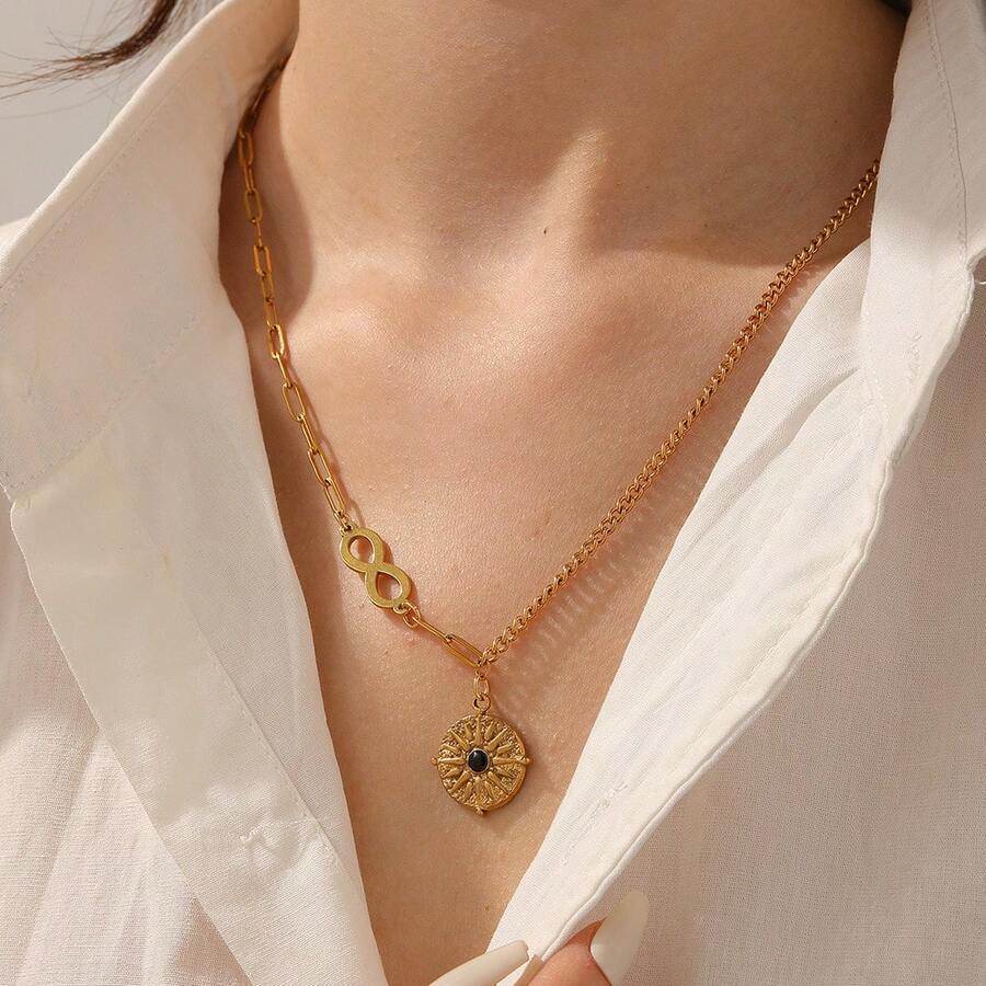 1 pieza Collar de acero inoxidable con colgante de símbolo del infinito chapado en oro de 18K, joyería minimalista de moda para mujeres - Dorado - Ver 1