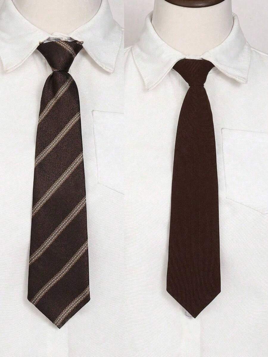 2pcs/Set Handmade Solid Color & Diagonal Stripe Combination Polyester Unisex Necktie, Suitable For Students, Uniforms, Suits And Various Occasions - Brown - View 1