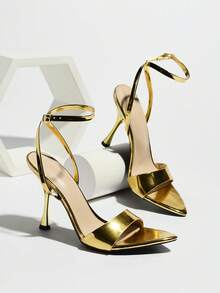Women's High Heel Sandals, Suitable For Spring/Summer Parties, Galas, Outdoor Travel, Fashion High-End Gold Pointed Toe Shiny Wide Strap Criss-Cross Buckle Elegant Comfortable Formal Occasion Wear, Versatile Gold High Heels - Gold - View 6