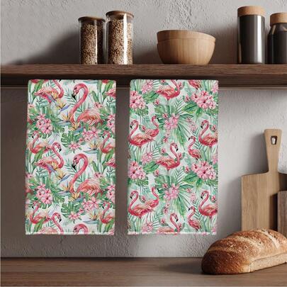 MEMNUN 2pcs Tropical Floral Leaf Flamingo Printed Kitchen Towels, 15.75*23.62in (40*60cm) Super Soft Absorbent Microfiber Dish Cloths, Kitchen Decor, Cooking Baking Cleaning Towels, Suitable For Restaurant, Kitchen, Holiday Decoration And Gifts, All Seasons
