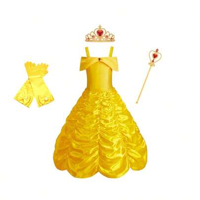 Đầm công chúa hai dây cho bé gái, đầm satin không dây vai kèm phụ kiện, bộ đầy đủ độc quyền dành cho bé gái, thích hợp cho Halloween, lễ hội hóa trang, tiệc hóa trang và các dịp khác.