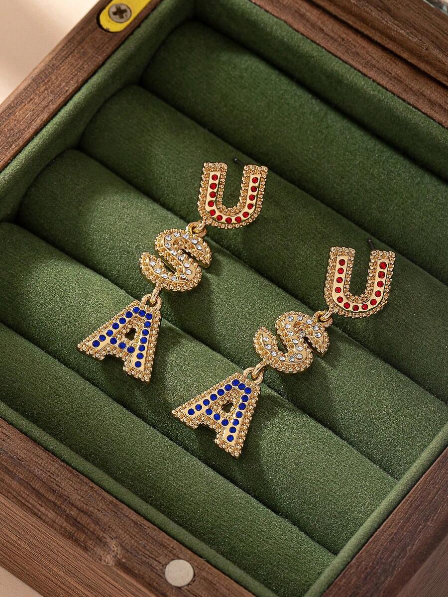 1 Đôi bông tai thiết kế chữ USA màu đỏ trắng xanh đính pha lê dành cho nữ - Vàng - Xem 1