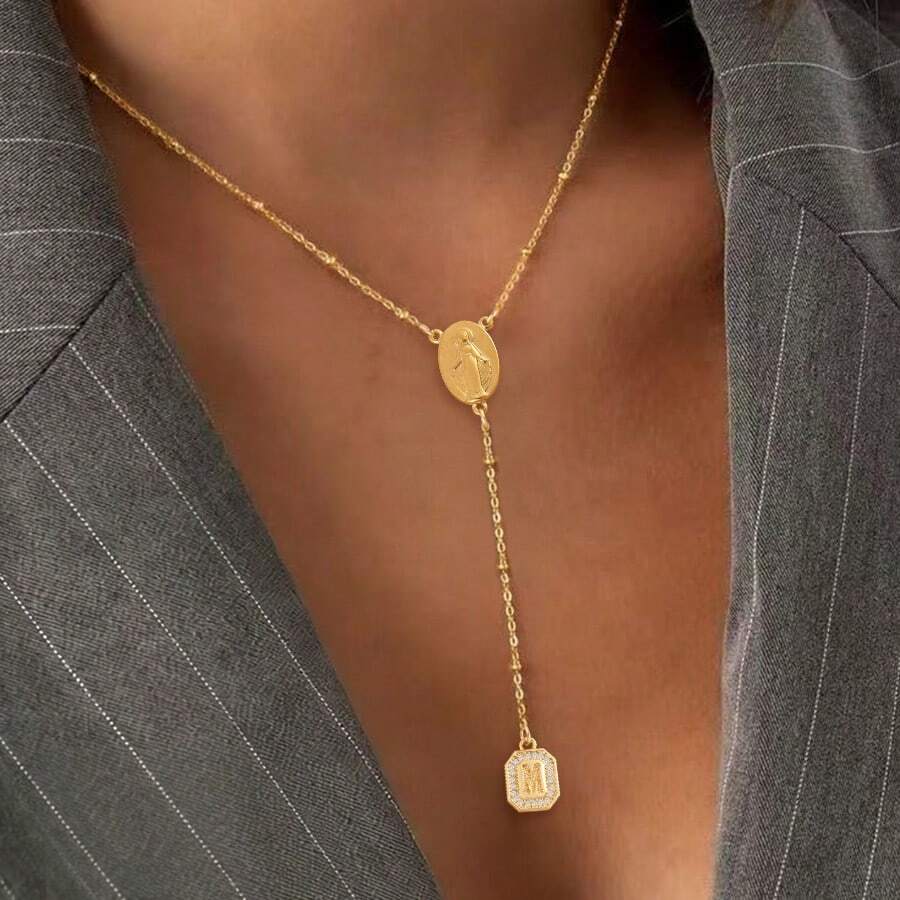 1件经典方块字母玛丽妈妈吊坠金色不锈钢珠链项链，女士款 - 金黃色 - 查看 1