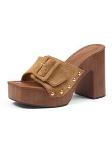 Women's Platform Chunky Heels Sandals Open Toe High Block Heeled Slipper Dress Casual Beach Vacation Slip On Slides Mules - Kaki Da Lộn - Xem 7