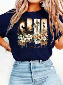 Easter Gift Women's Elegant Style Short Sleeve Easter Religious Theme Printed Pattern Round Neck Women's Comfortable Soft Breathable New Spring Summer - 藏蓝色 - 查看 4
