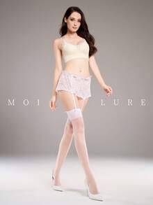 1双女士性感蕾丝吊袜带长筒袜，及膝款式 + 吊袜带配件 - 白色 - 查看 1