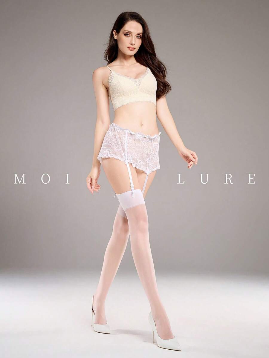 1双女士性感蕾丝吊袜带长筒袜,及膝款式 + 吊袜带配件 - 白色 - 查看 1