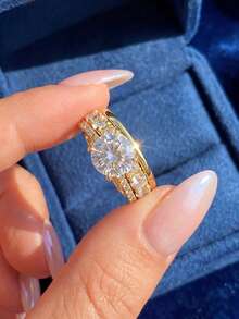 一套925纯银优雅三件套戒指，镶嵌白色锆石，基础款单枚戒指，精致珠宝，适合作为生日、舞会、派对礼物送给女性。 - 金色 - 查看 2