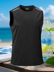 Tank Top Olahraga Pria Ringan, Bernapas, dan Cepat Kering, Rompi Kebugaran Penyerap Keringat dengan Cetakan Reflektif, Cocok untuk Lari, Latihan di Gym, dan Pakaian Musim Panas - Hitam - View 3