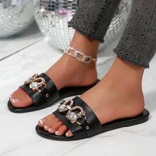 Sandalias de mujer con decoración de rhinestones, cómodas y casuales para uso en exteriores, minimalistas de una sola tira, diapositivas planas negras, de moda, nuevas llegadas de verano - Negro - Ver 12
