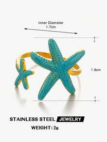 1pc Stainless Steel 18K Gold Plated Versatile Unique Elegant Geometric Blue Enamel Starfish Adjustable Open Ring, Suitable For Women, Holiday, Summer Travel, Popular Jewelry Gift - Multicolor - View 2