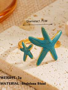 1pc Stainless Steel 18K Gold Plated Versatile Unique Elegant Geometric Blue Enamel Starfish Adjustable Open Ring, Suitable For Women, Holiday, Summer Travel, Popular Jewelry Gift - Multicolor - View 4