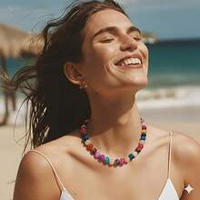 1件装串珠项链，女士波西米亚风宝石粗链项链，大珠项链，时尚夏季项链，珠宝礼品 - 彩色 - 查看 2