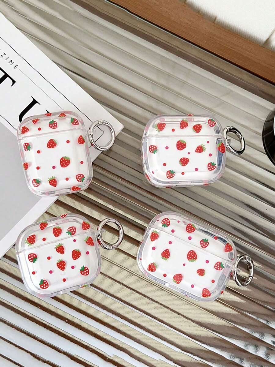 草莓图案蓝牙耳机保护套（1个），兼容苹果Pro 1/2/3/4，带钥匙扣，女士礼物 - 彩色 - 查看 1