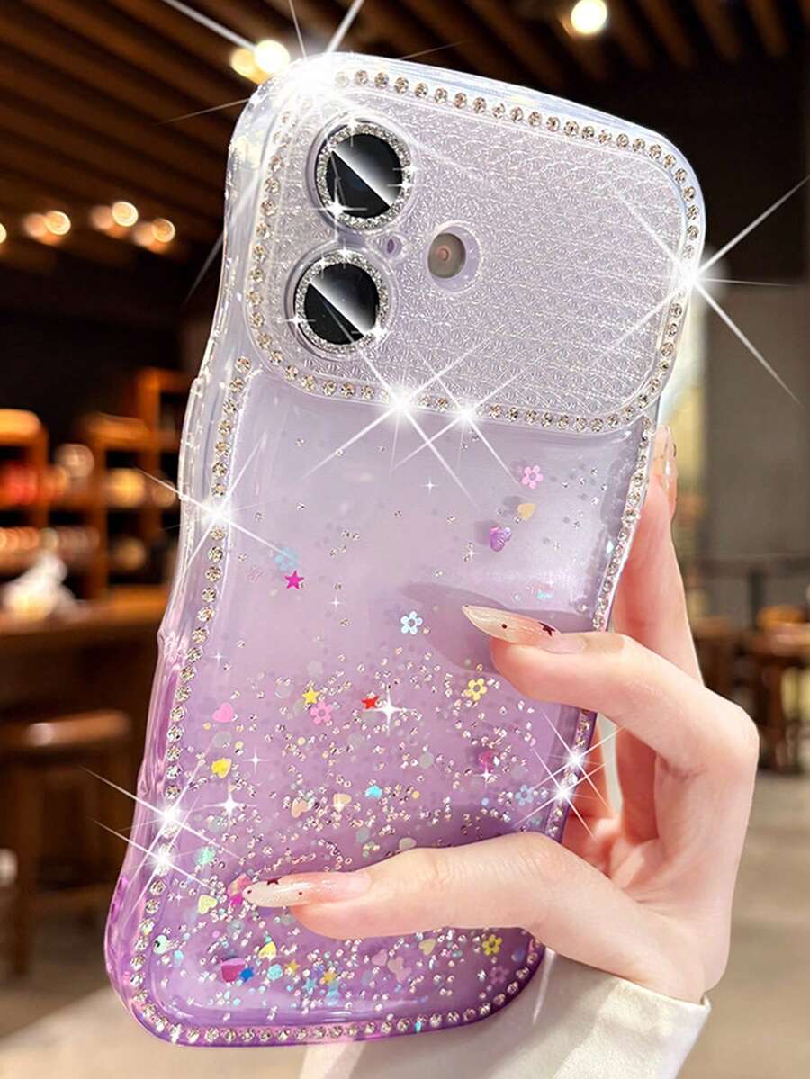 Luxury Bling Glitter Rhinestone Camera Gradient Sequin Epoxy Clear Wave Edge Phone Case Compatible With IPhone 17 Pro Max 17 Pro 17 16 Pro Max 16 Pro 16 15 Pro Max 15 Pro Max 15 Pro 15 14 Pro Max 14 Pro 14 13 Pro Max 13 Pro 13 Camera Protection Shockproof Back Cover