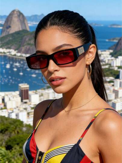 一副女士黑色方形时尚眼镜，采用优质PC材料制成，Y2K风格，旅行、度假配饰，季节精选，时尚眼镜，适合派对造型、夏季、返校季、海滩派对、街头风格、自拍、假期佩戴。