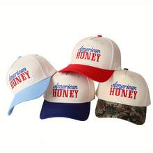 Unisex Adjustable Baseball Cap With Embroidered "HONEY" Lettering, Perfect For Truckers And Travelers. - Red-Beige - 查看 4
