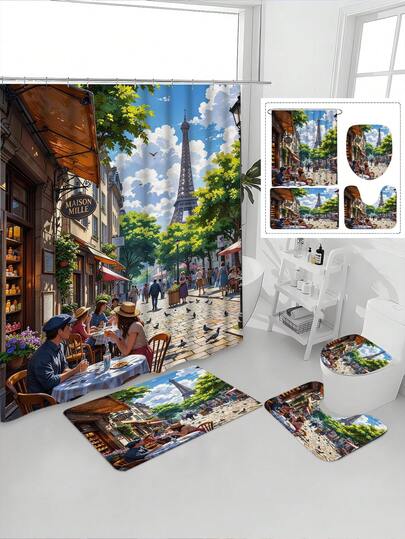 1/4pcs Classic Paris Cafe Scene & Eiffel Tower Print Waterproof Bathroom Curtain Set, Tranquil & Healing, Waterproof & Mildew Proof, Thick Polyester, No Drill Installation, Anti-Slip Mat, Absorbent Toilet Pad, Digital Printing, Fade Resistant, Machine Washable, All Season, Easter Holiday Limited Edition
