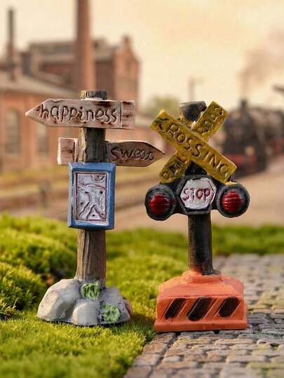 2pcs Mini Traffic Road Sign Desktop Ornaments, Whimsical Resin Furniture Decoration, Simulated Traffic Scene Props, Micro Landscape Decoration, Urban Traffic Obstacle Signs, For Scene Simulation, Fairy Garden Accessories, Signal Lights, Simulation Scenes, DIY Accessories, Room Decor, Birthday Gifts, Desk Props, New Year Gift