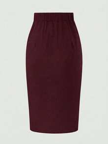 Women's Solid Color Button Design Pencil Elegant Midi Skirt Spring - Wine Red - View 2
