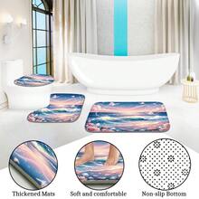 Conjunto de cortina de chuveiro multifuncional com estampa de paisagem de praia, diamantes florais e borboletas (1 peça/4 peças), 12 ganchos inclusos, elegante e com atmosfera de férias, tapete de banheiro, tapete para vaso sanitário em formato de U e tapete para vaso sanitário redondo, adequado para todos os ambientes de banheiro. - D - Ver 7