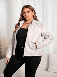 Giolshon Women Plus Size Casual Fashion Riding Jacket, Suitable For Commuting And Street Photography, Faux Leather Jacket For Autumn/Winter And Spring - Beige - View 6