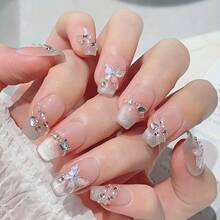 10 piezas de uñas postizas trapezoidales cortas hechas a mano, uñas falsas elegantes de alta gama, uñas de color nude, mariposas de colores, removibles y reutilizables, adecuadas para la vida diaria, el trabajo, la escuela, las citas, las fiestas y los bailes. - L - Ver 1