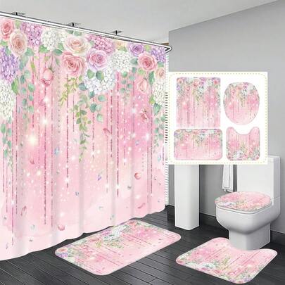 1件/4件套春季花卉图案多功能浴室装饰浴帘套装，赠送12个挂钩，营造优雅节日氛围，包含浴室地垫、U型马桶垫和圆形马桶垫，适用于各种场景。