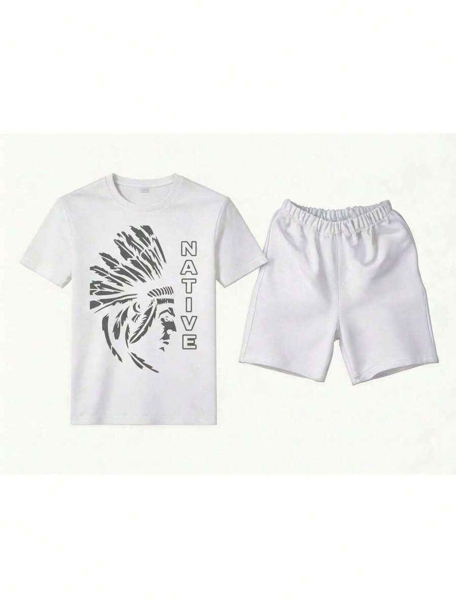 Conjunto para hombre casual urbano con estampado gráfico y letras tela cómoda ajuste holgado cuello redondo manga corta primavera verano uso diario camiseta y shorts - Blanco 1 - Ver 1