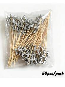 50/100个创意镂空金/银色大星形蛋糕、甜点、沙拉、三明治食品签，一次性水果签，适用于酒店、餐厅、派对 - 彩色 - 查看 11