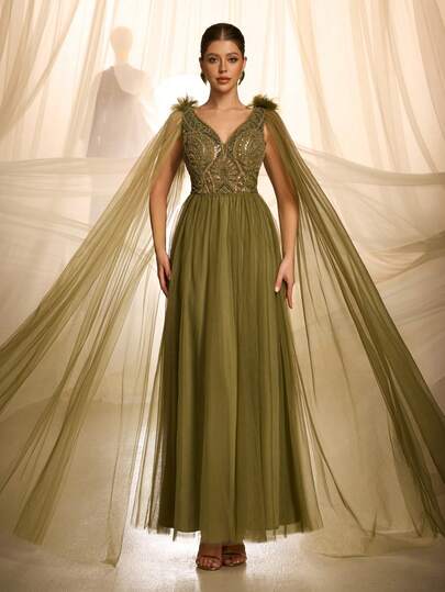 VIPGIRL Rochie de seară elegantă și luxoasă, verde măsliniu, cu mărgele - decolteu adânc în V și mâneci detașabile de tip pelerină din tul | Ideală pentru gale, evenimente Black Tie și ocazii formale de lux