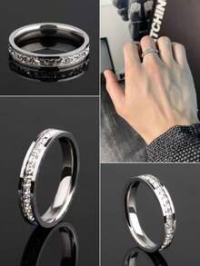 1pc High-Grade Stainless Steel Starry Sky Diamond Inlaid Couple Ring, Four Seasons Universal - Silver - View 5