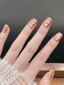 10pcs/Set Press On Nail Art, Orange Effervescent Water, Red Patterned Hand Painted Checkered Glittery Glass Bead Cat Eye Handcrafted Nail Accessories - Multicolor - View 4