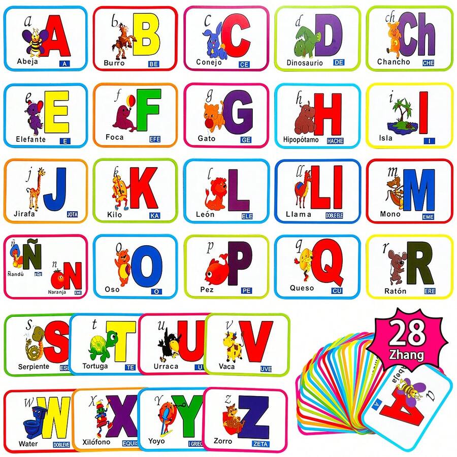 28张西班牙语字母学习卡（15厘米 x 11厘米）精美插图教学卡，提升孩子的认知能力 - 彩色 - 查看 1