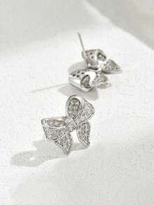 Gift Box Elegant Pave Butterfly Stud Earrings, Full Crystal Rhinestone Bow Design Silver Tone, Sparkling Bridal & Wedding Jewelry, Classic Luxury Gift - Silver - View 5